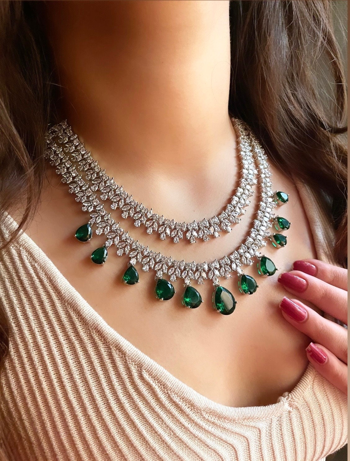 Tara Sutaria inspired Pink American diamond necklace set bollywood jewelry,Indian Jewelry Pakistani Wedding jewellery Cz Zircon