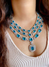 Multilayer Teal green American Diamond High Quality necklace set wedding bridal  jewelry,zircon cz, pakistani Nikaah jewelry