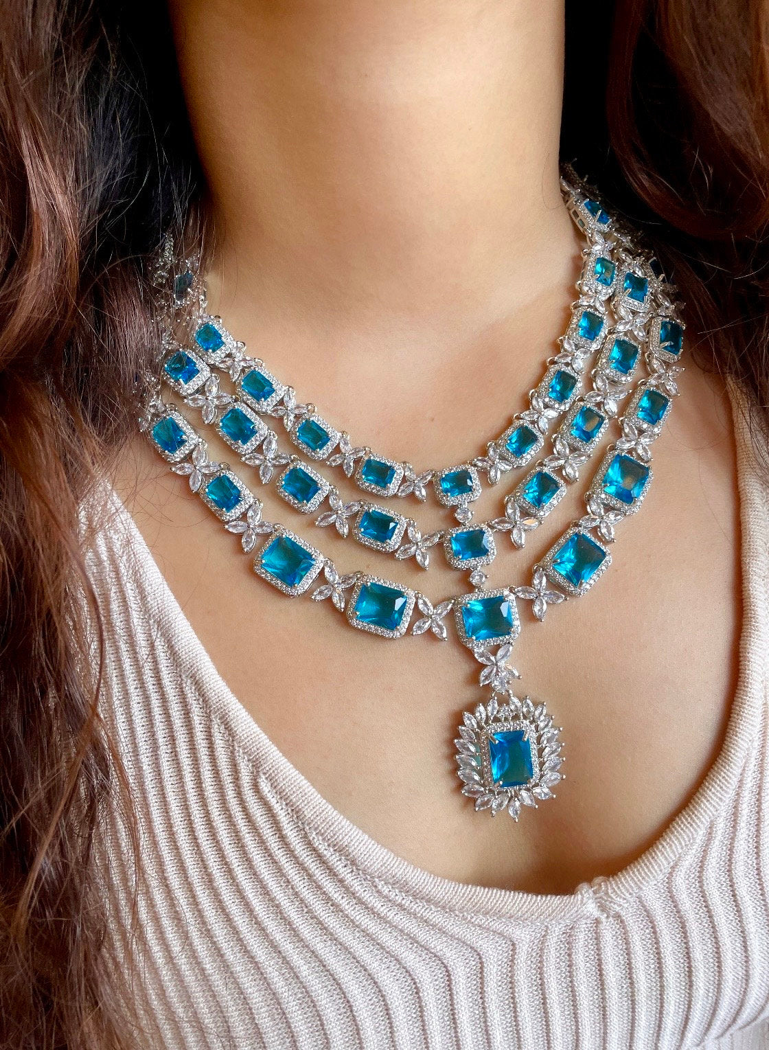 Multilayer Teal green American Diamond High Quality necklace set wedding bridal  jewelry,zircon cz, pakistani Nikaah jewelry