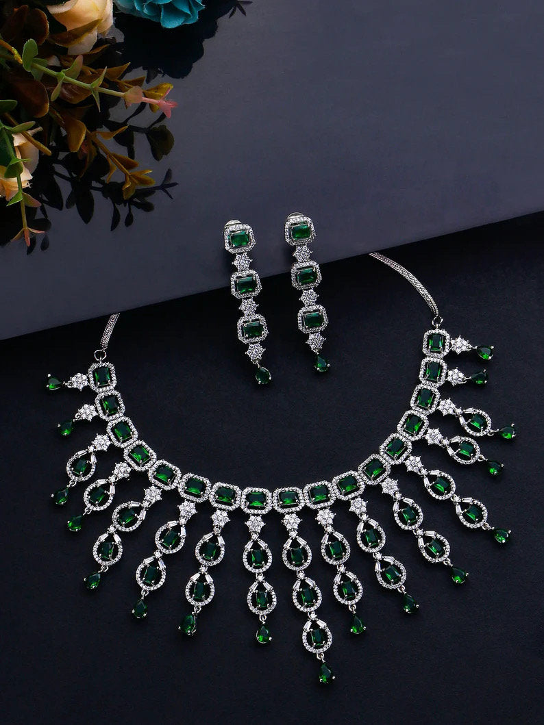 Elegant Green American Diamond High Quality Necklace Set / Pakistani bridal wedding jewelry, Indian ring ceremony jewellery prom jewelry