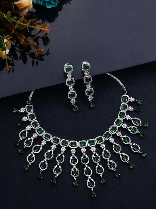 Elegant Green American Diamond High Quality Necklace Set / Pakistani bridal wedding jewelry, Indian ring ceremony jewellery prom jewelry