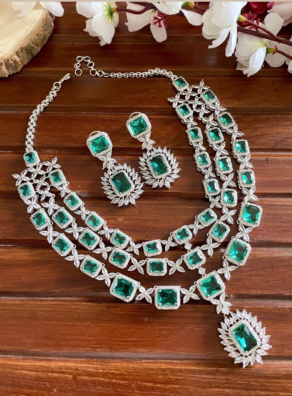 Multilayer Teal colour American Diamond High Quality necklace set wedding bridal  jewelry,zircon cz, pakistani Nikaah jewelry