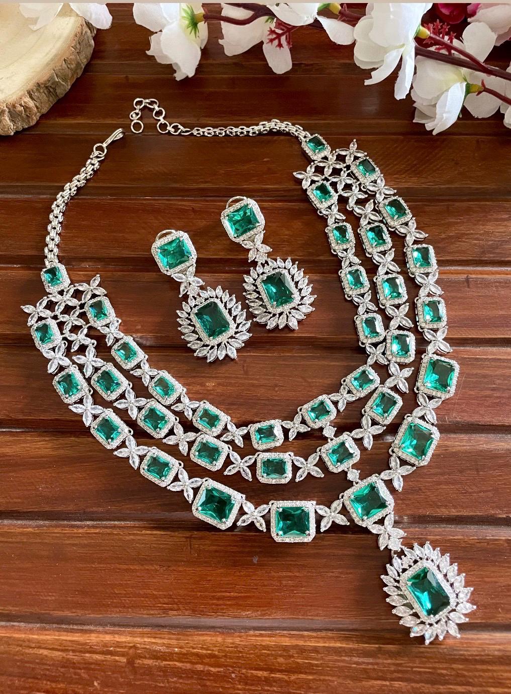 Multilayer Teal green American Diamond High Quality necklace set wedding bridal  jewelry,zircon cz, pakistani Nikaah jewelry