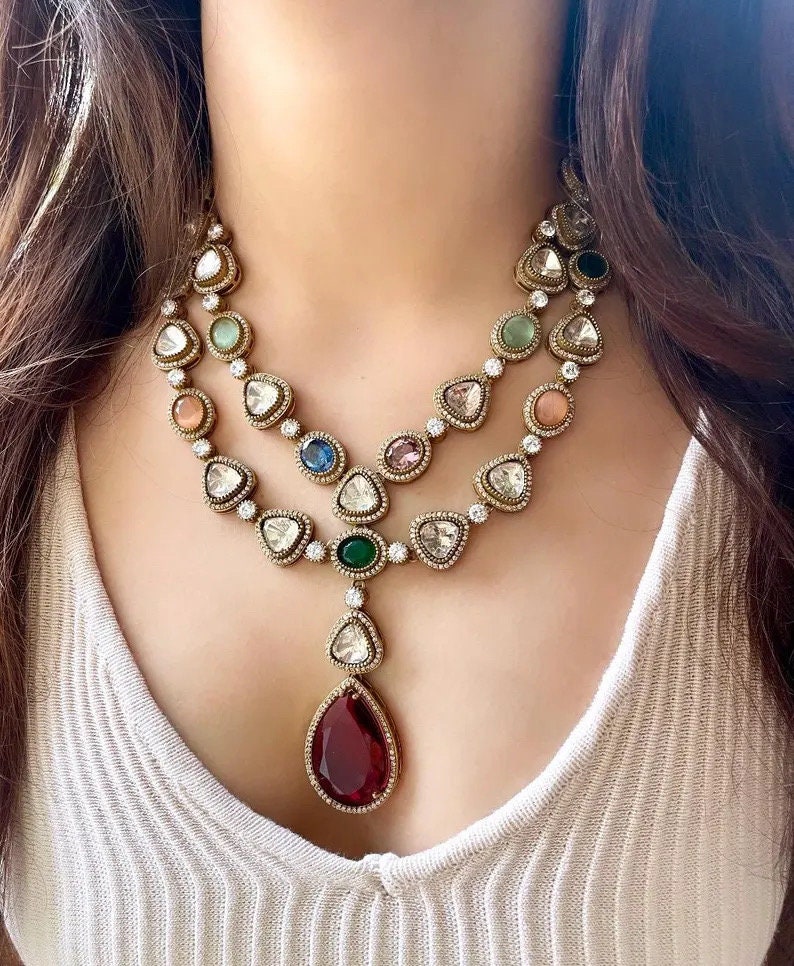 MRIDA Sabyasachi inspired Emerald green Victorian style uncut polki necklace set Indian Bridal wedding jewelry,cz kundan,pakistani jewellery