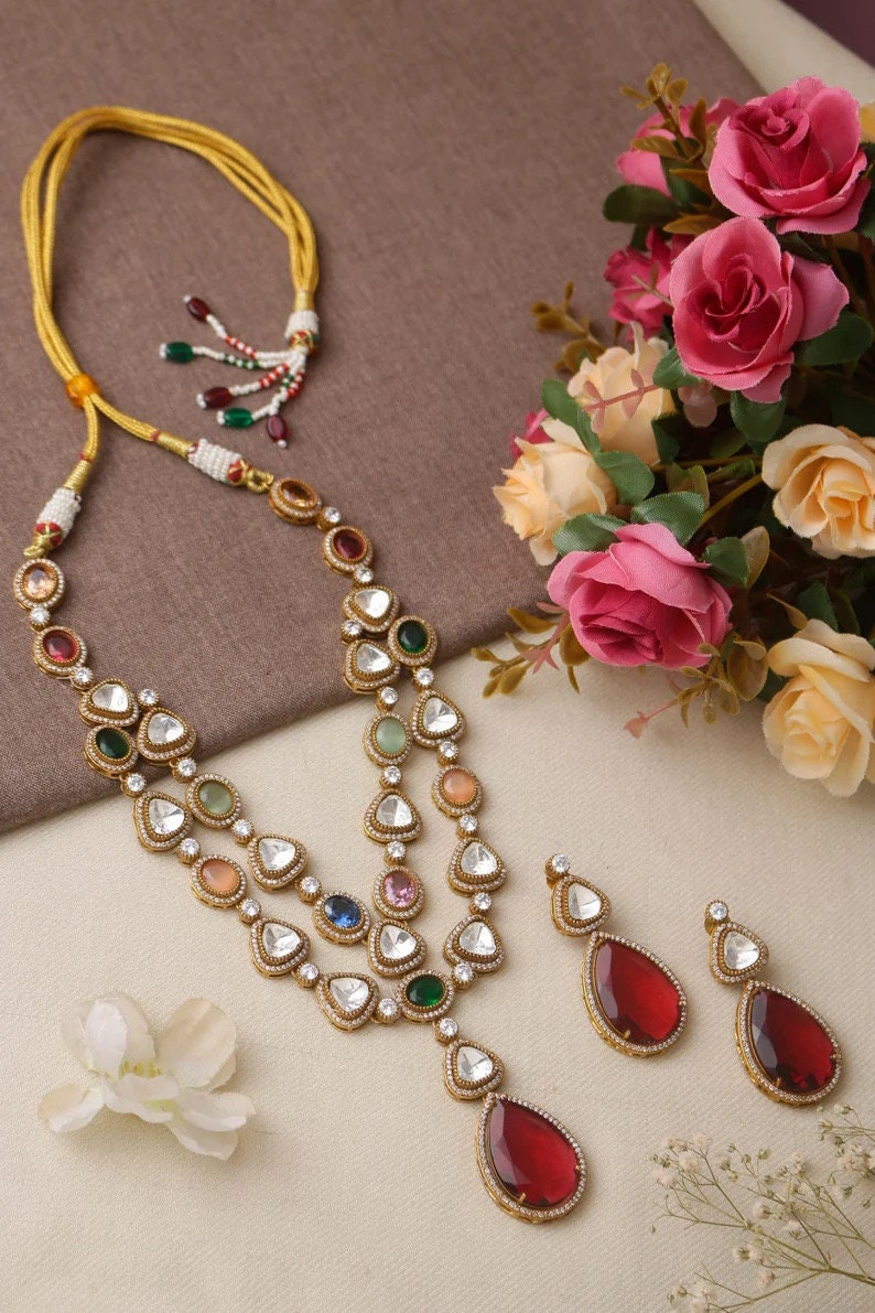 MRIDA Sabyasachi inspired Ruby red Victorian style uncut polki necklace set,Indian Bridal jewelry, cz kundan,pakistani nikaah jewellery