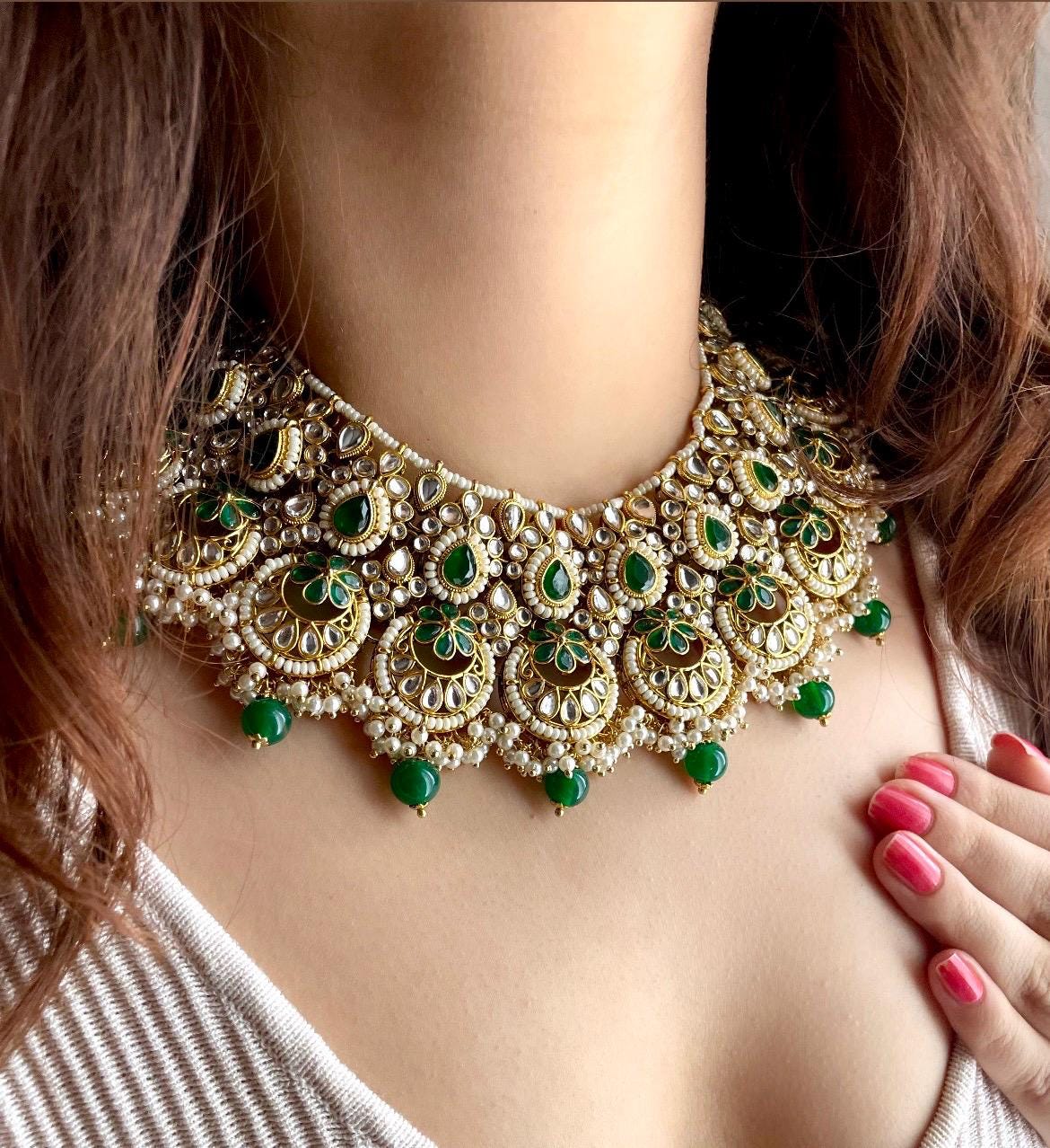 HINA bridal Kundan necklace set in emerald green colour,Indian wedding jewelry pakistani nikaah jewellery bollywood, maangtika included