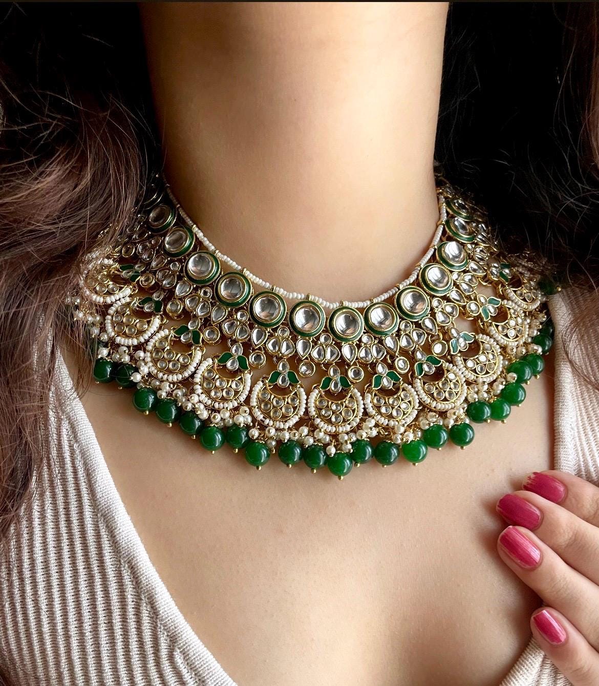 RINAISHA emerald green bridal kundan necklace set wedding jewelry pakistani nikah jewellery bollywood punjabi indian earrings maangtika