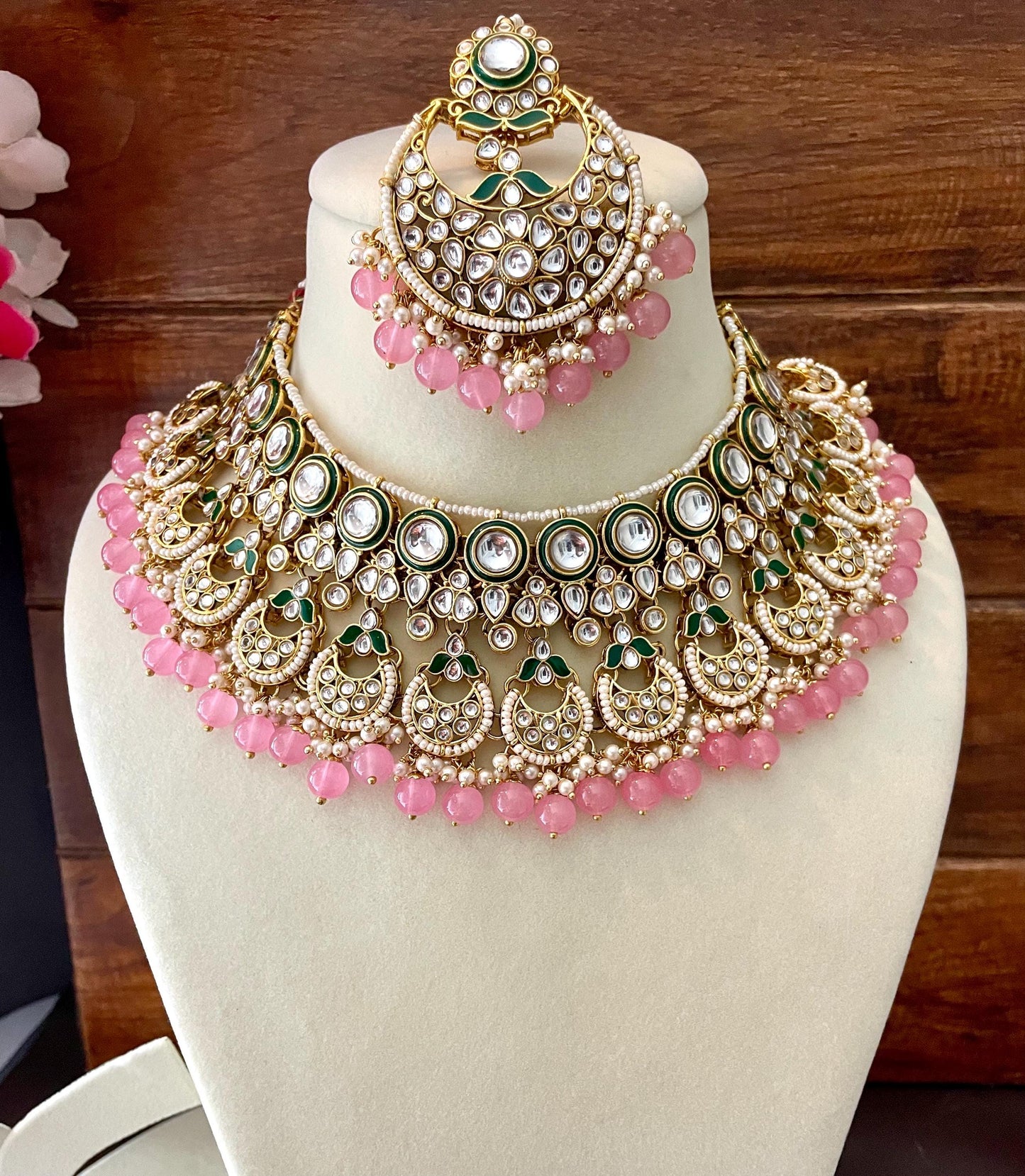 RINAISHA rose pink Kundan necklace set wedding jewelry pakistani set bollywood jewelry punjabi indian kundan set earrings maangtika