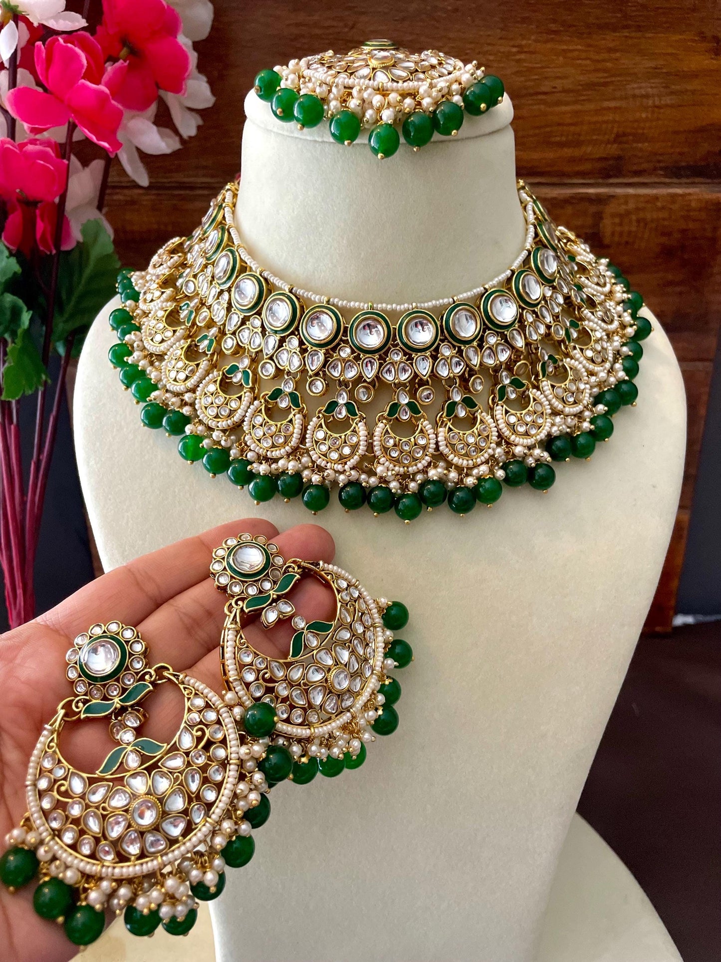 RINAISHA emerald green bridal kundan necklace set wedding jewelry pakistani nikah jewellery bollywood punjabi indian earrings maangtika