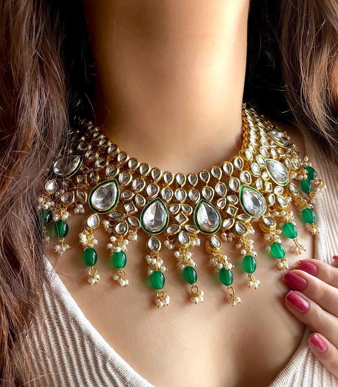 ADIVA Green Kundan necklace set wedding jewelry bridal pakistani nikaah bollywood jewelry punjabi indian kundan set earrings maangtika