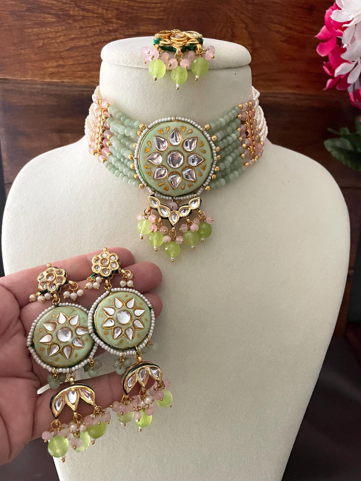 ELIRA mint green Kundan choker set Sabyasachi inspired mint pink fusion jewelry  maangtika included,indian necklace set, pakistani jewelry