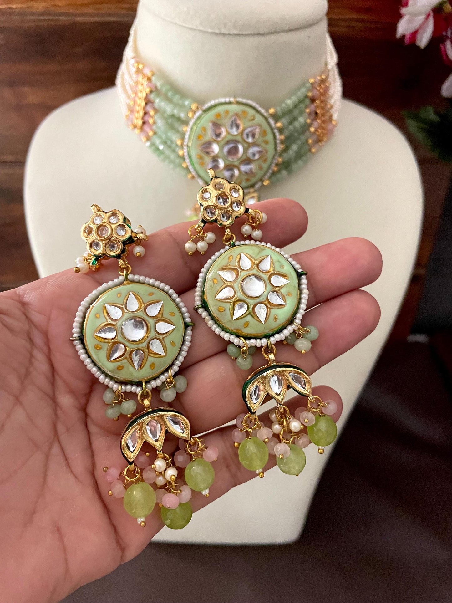 ELIRA mint green Kundan choker set Sabyasachi inspired mint pink fusion jewelry  maangtika included,indian necklace set, pakistani jewelry