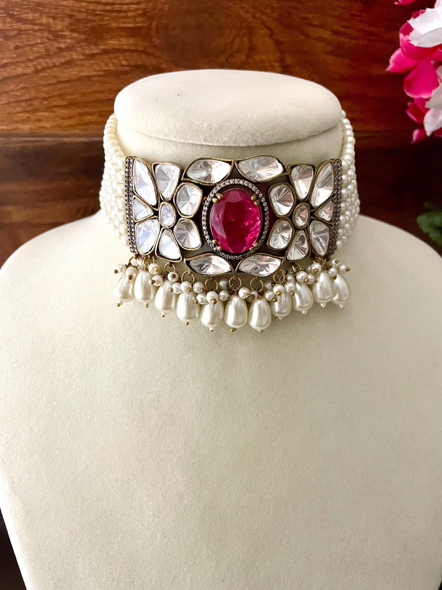AVANI Victorian style Sabyasachi uncut polki Rani Pink choker set,Indian Bridal jewelry, pearl Necklace Set,pakistani wedding jewellery