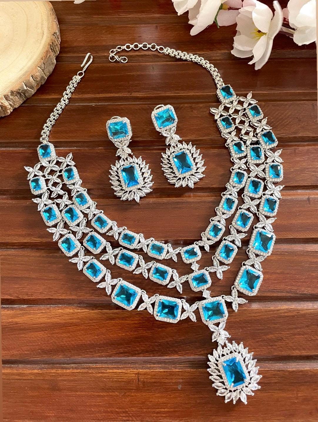 Multilayer Teal green American Diamond High Quality necklace set wedding bridal  jewelry,zircon cz, pakistani Nikaah jewelry