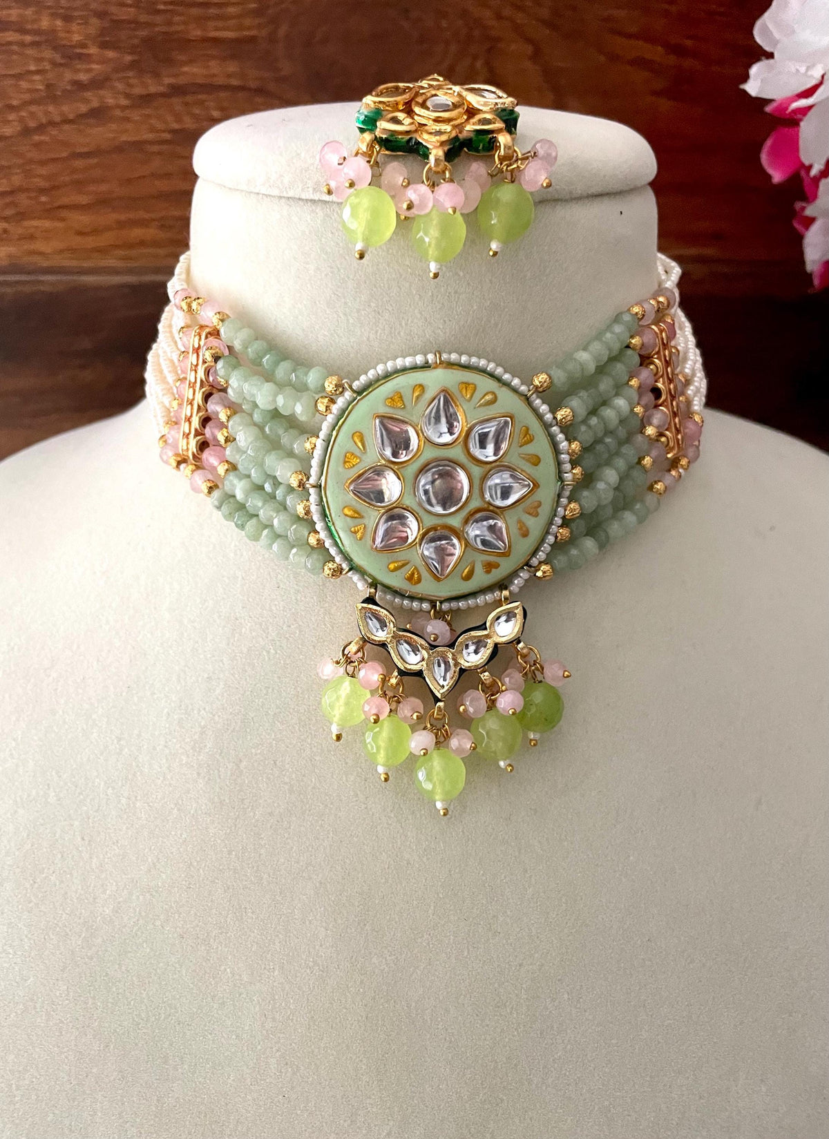ELIRA mint green Kundan choker set Sabyasachi inspired mint pink fusion jewelry  maangtika included,indian necklace set, pakistani jewelry