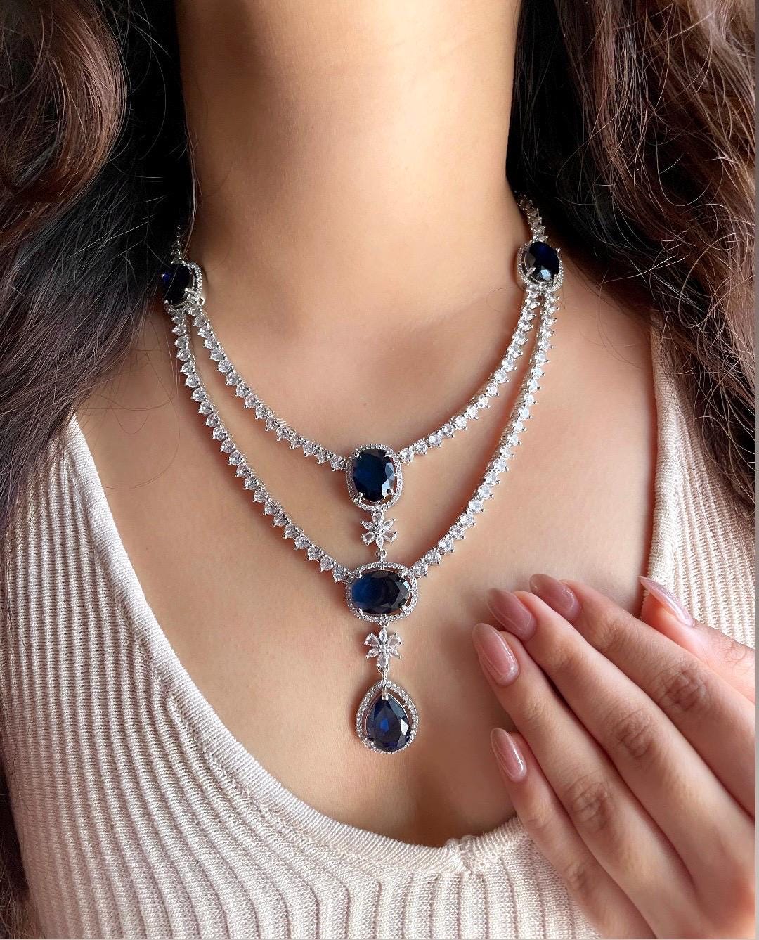 MIRA Sapphire blue layered necklace earrings Statement American Diamond,Indian Jewelry Pakistani Wedding jewellery Cz Zircon,prom