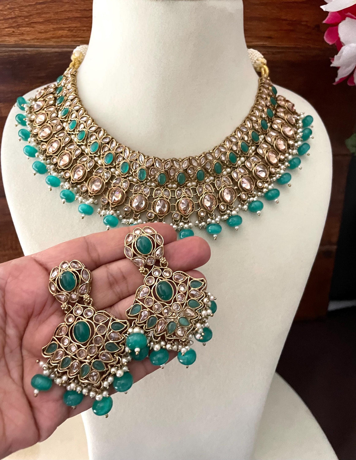 NOORA Firozi premium quality reverse AD necklace set jewelry, turquoise pakistani nikaah jewellery bollywood,punjabi earrings maangtika,brid