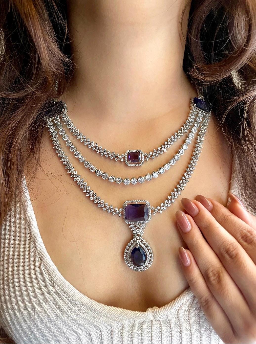 LEILA Multilayer lilac purple necklace earrings Statement American Diamond,Indian Jewelry Pakistani Wedding jewellery Cz Zircon,prom