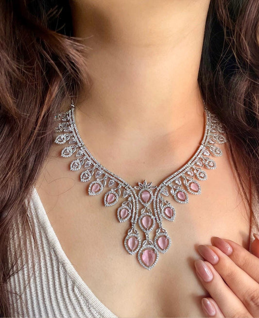 RIZA Light Pink American Diamond  necklace set Indian bridal wedding jewelry,, prom jewellery,zircon cz pakistani,costume jewelery