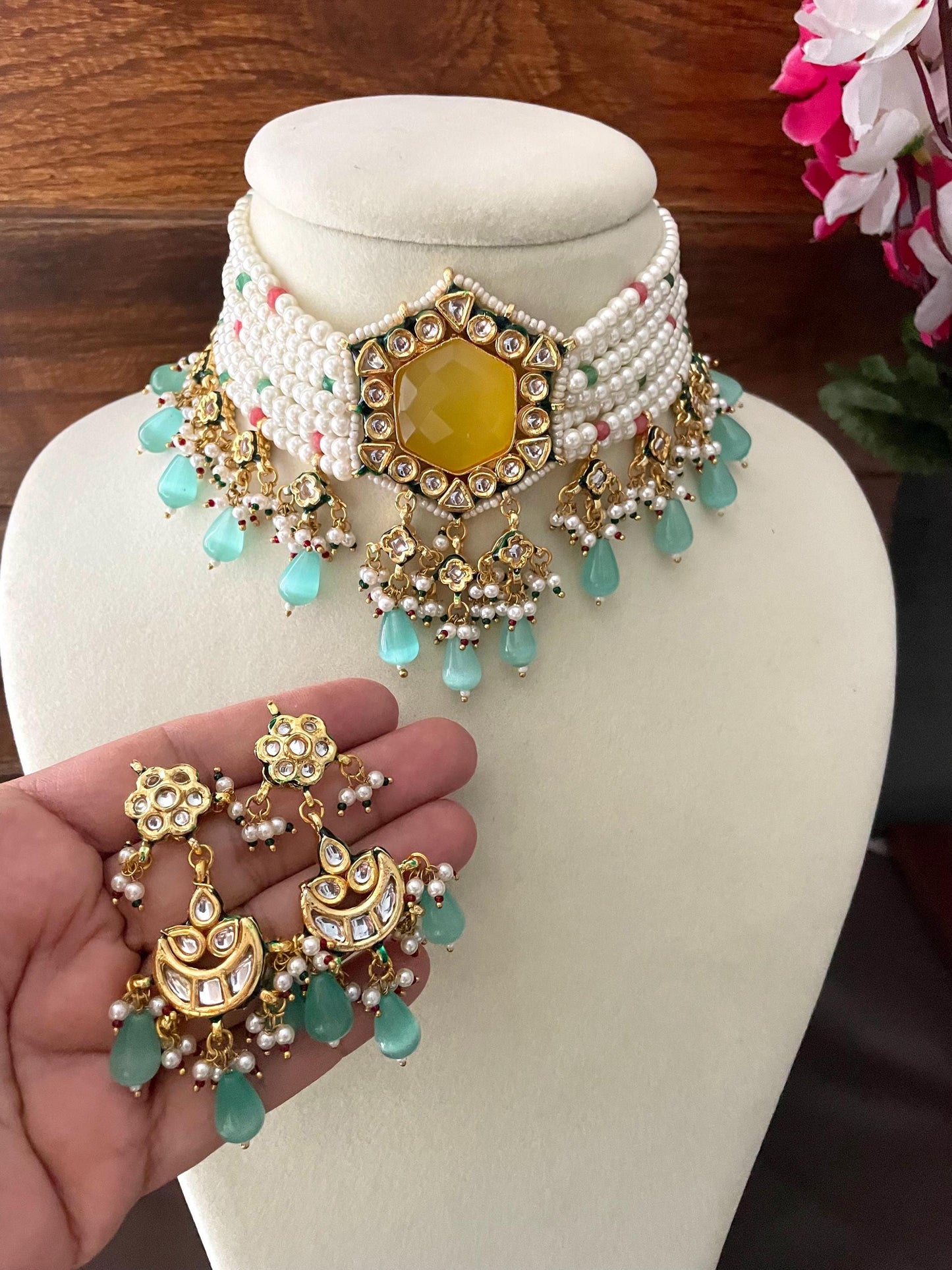 SIFAT Yellow blue Kundan choker set ,fusion jewelry, indian bollywood costume jewellery pakistani nikaah, bridal wedding necklace set