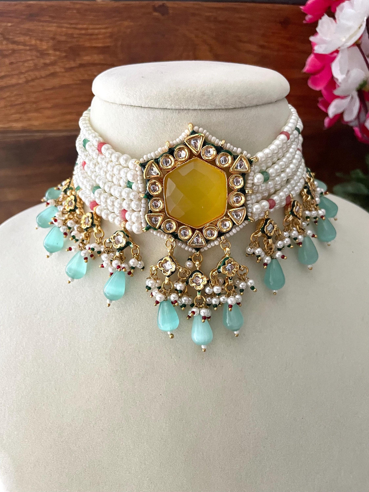 SIFAT Yellow blue Kundan choker set ,fusion jewelry, indian bollywood costume jewellery pakistani nikaah, bridal wedding necklace set