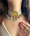 SIFAT Yellow blue Kundan choker set ,fusion jewelry, indian bollywood costume jewellery pakistani nikaah, bridal wedding necklace set