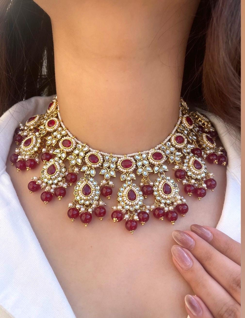 RINISHA red maroon Kundan  necklace set/ wedding jewelry pakistani bollywood jewelry/ punjabi indian kundan earrings maangtika