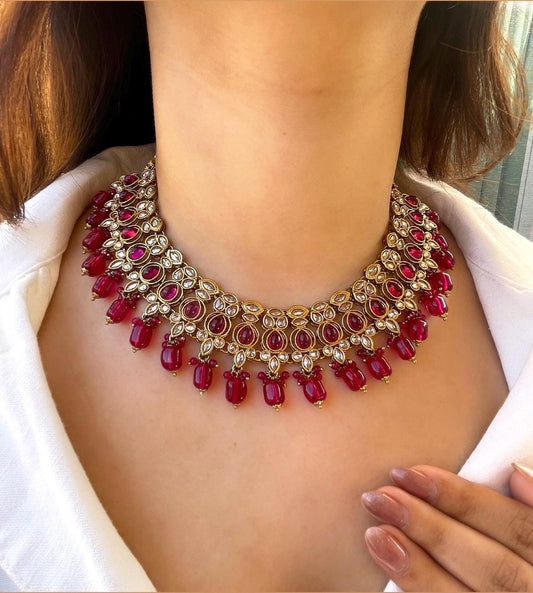 LIELA Wine red kundan and reverse AD necklace wedding jewelry pakistani nikaah jewellery bollywood,punjabi earrings maangtika