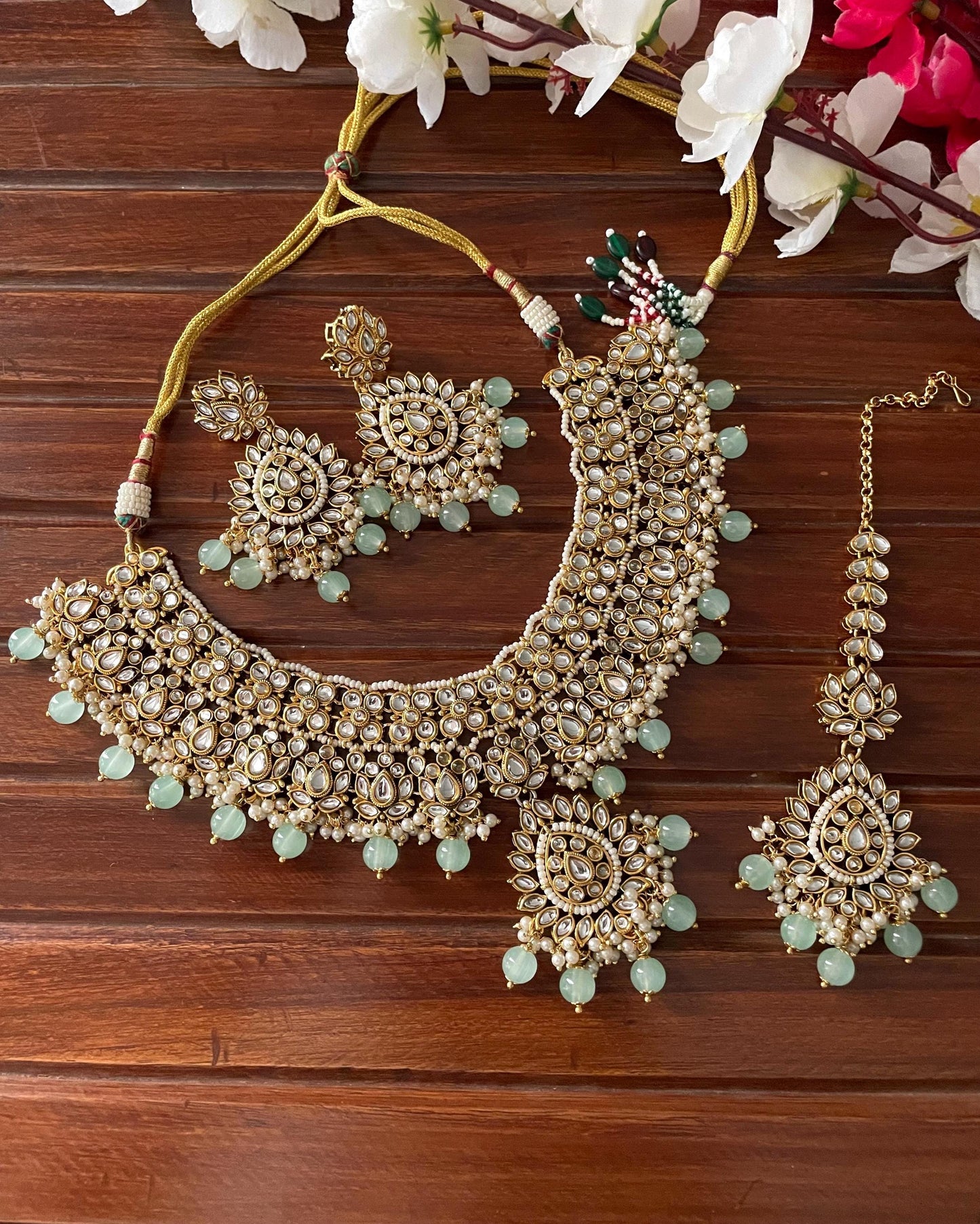 GHAZAL Mint colour Kundan necklace earrings maangtika wedding bridal jewellery pakistani nikaah bollywood jewelry punjabi indian set