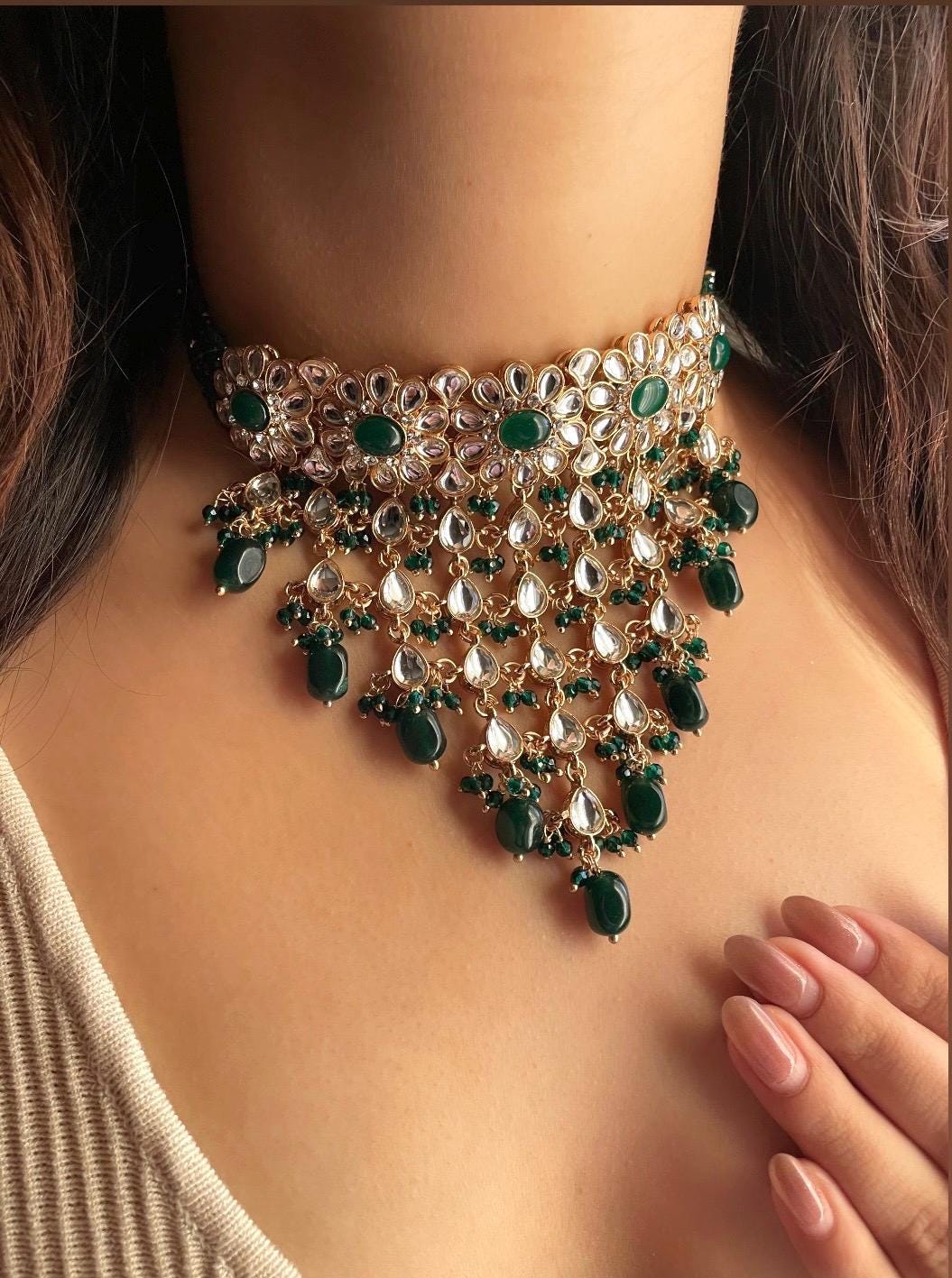 FIZA green Choker earrings maangtika,Punjabi Jewellery,Indian Kundan Necklace Set,cz zircon,Pakistani nikaah Jewelry,Bridal set