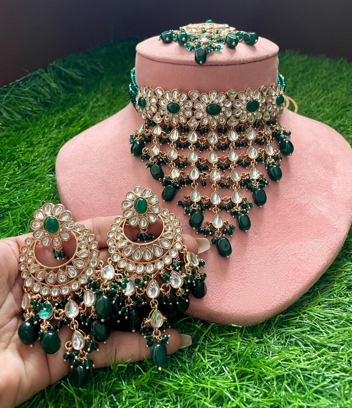 FIZA green Choker earrings maangtika,Punjabi Jewellery,Indian Kundan Necklace Set,cz zircon,Pakistani nikaah Jewelry,Bridal set