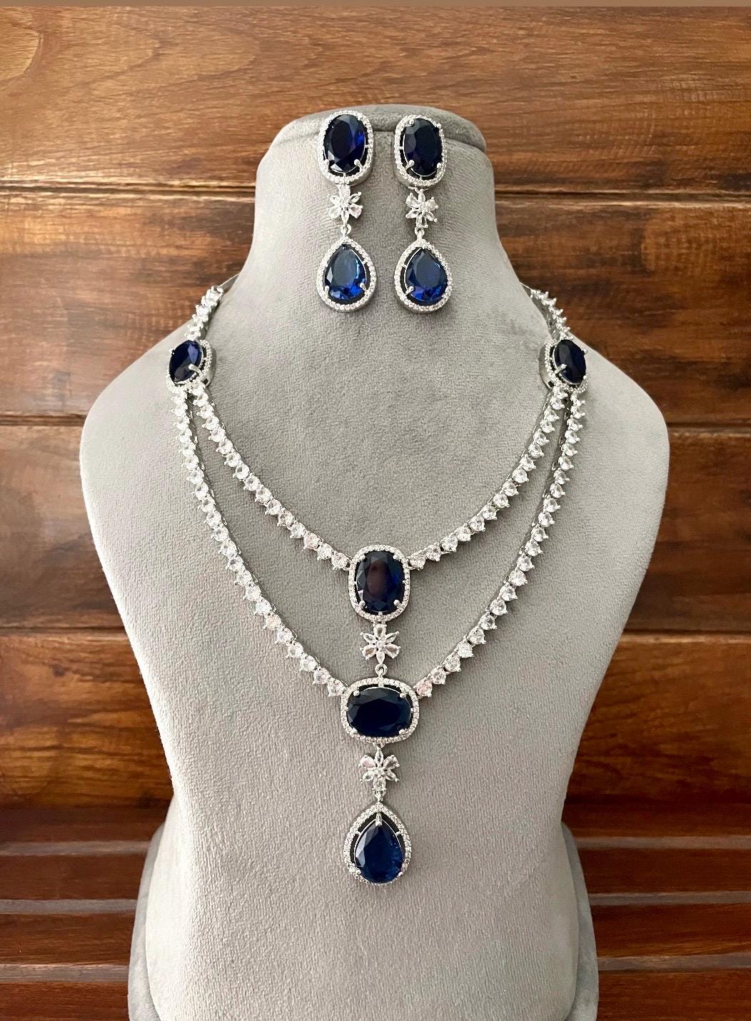 MIRA Sapphire blue layered necklace earrings Statement American Diamond,Indian Jewelry Pakistani Wedding jewellery Cz Zircon,prom