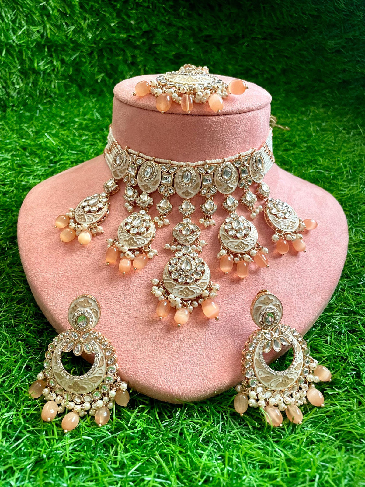 INSHAA Peach Kundan Choker earrings maangtika,Punjabi Jewellery, Indian Kundan Necklace Set, cz zircon,Pakistani nikaah Jewelry,Bridal