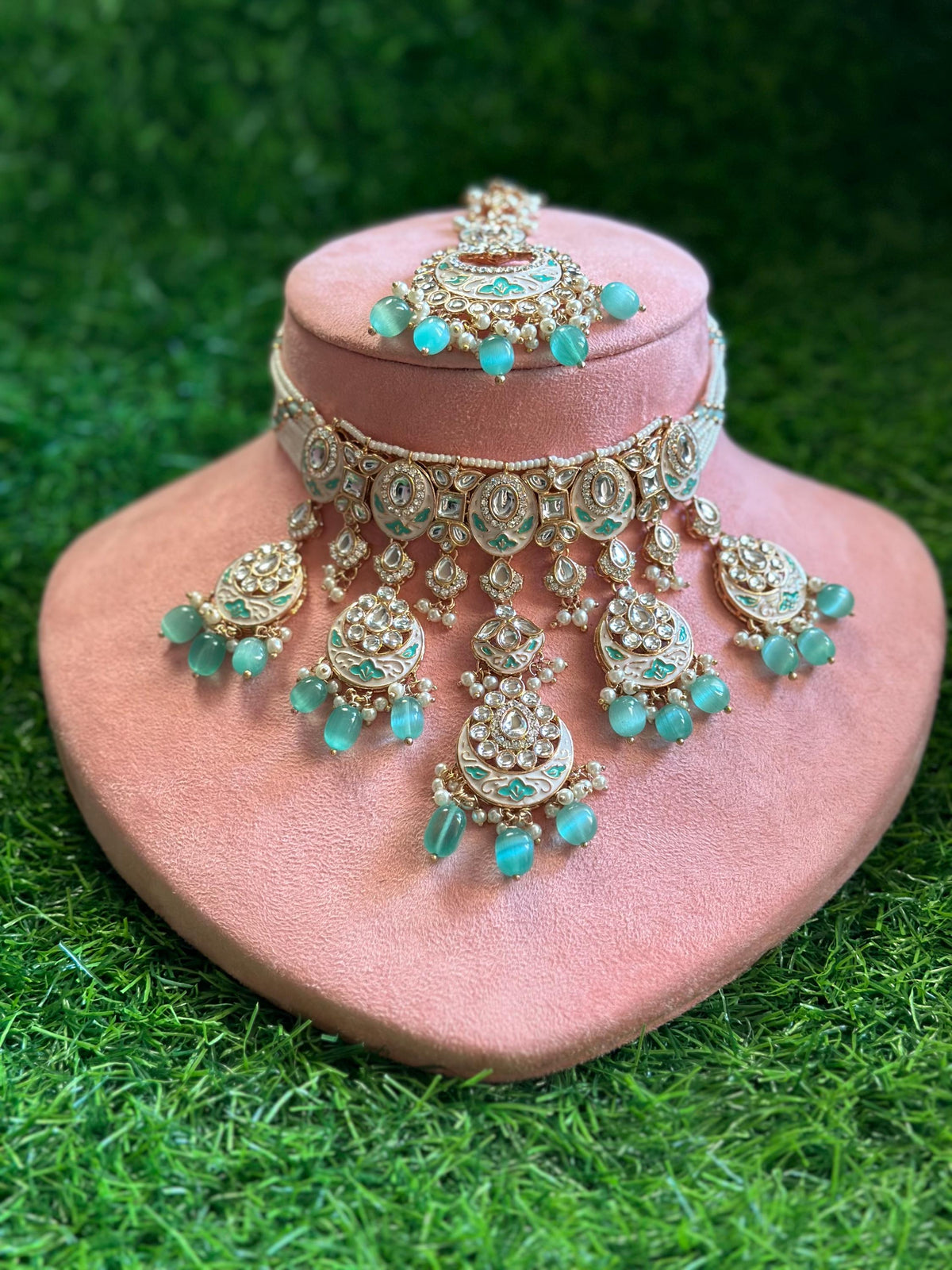 INSHAA Mint Kundan Choker earrings maangtika,Punjabi Jewellery, Indian Kundan Necklace Set, cz zircon,Pakistani nikaah Jewelry,Bridal