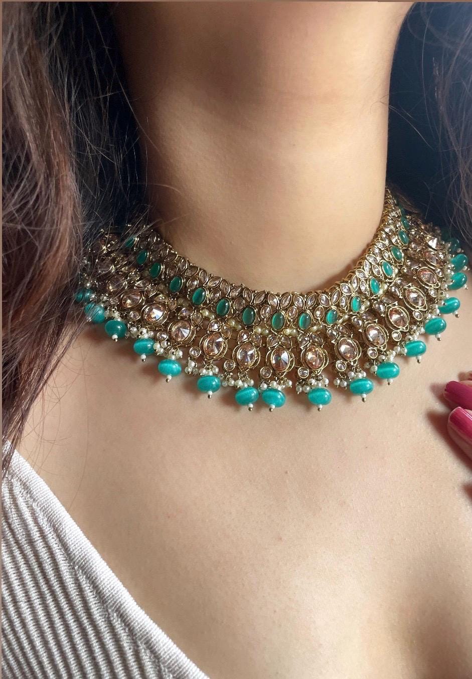 NOORA Firozi premium quality reverse AD necklace set jewelry, turquoise pakistani nikaah jewellery bollywood,punjabi earrings maangtika,brid