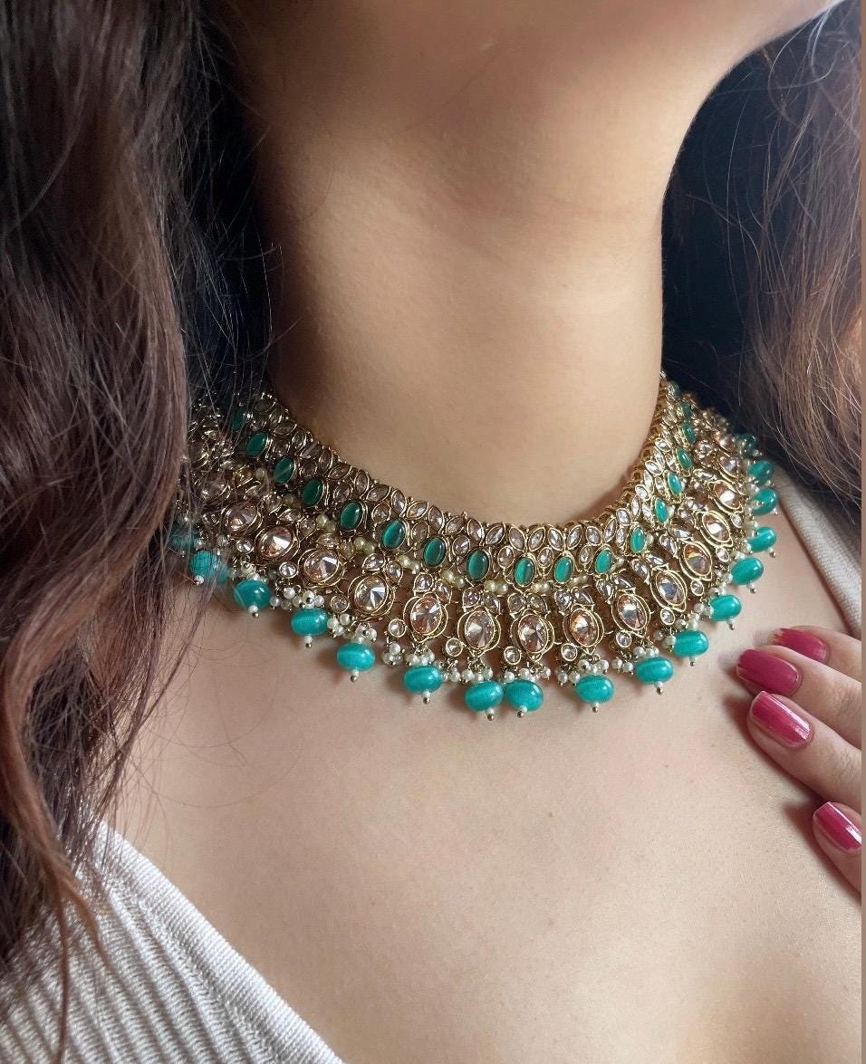 NOORA Firozi premium quality reverse AD necklace set jewelry, turquoise pakistani nikaah jewellery bollywood,punjabi earrings maangtika,brid