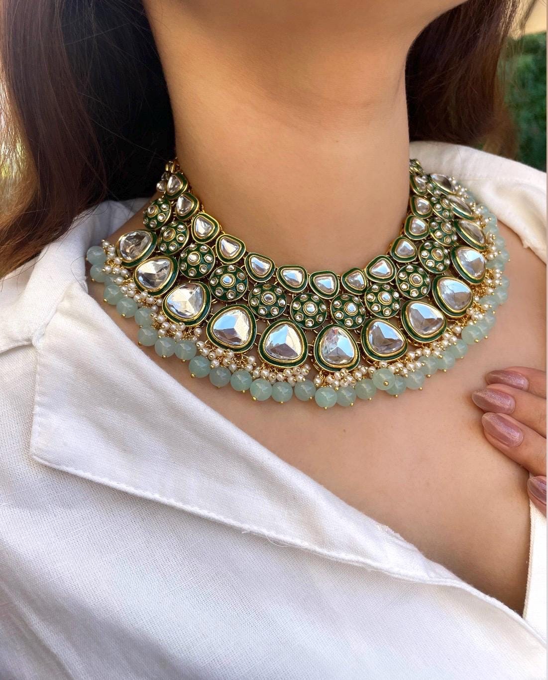DILNAZ mint blue Kundan necklace set , wedding bridal jewelry, Indian pakistani jewelry, punjabi indian set maangtika