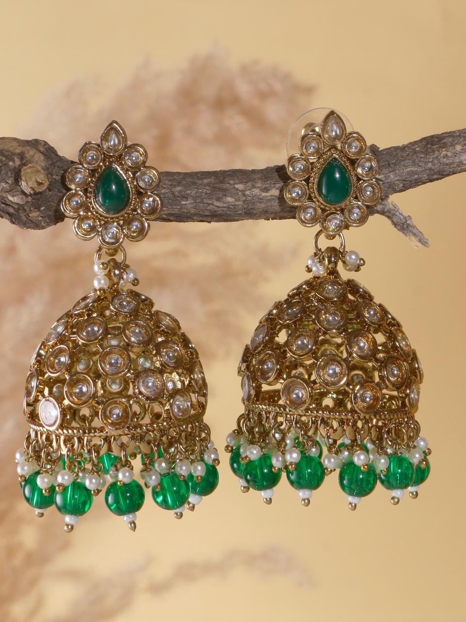 PIHU Green Polki Jhumka earrings / Bollywood gold jhumkis / Pakistani Wedding / Navratri function Indian Diwali jewelry jhumkas