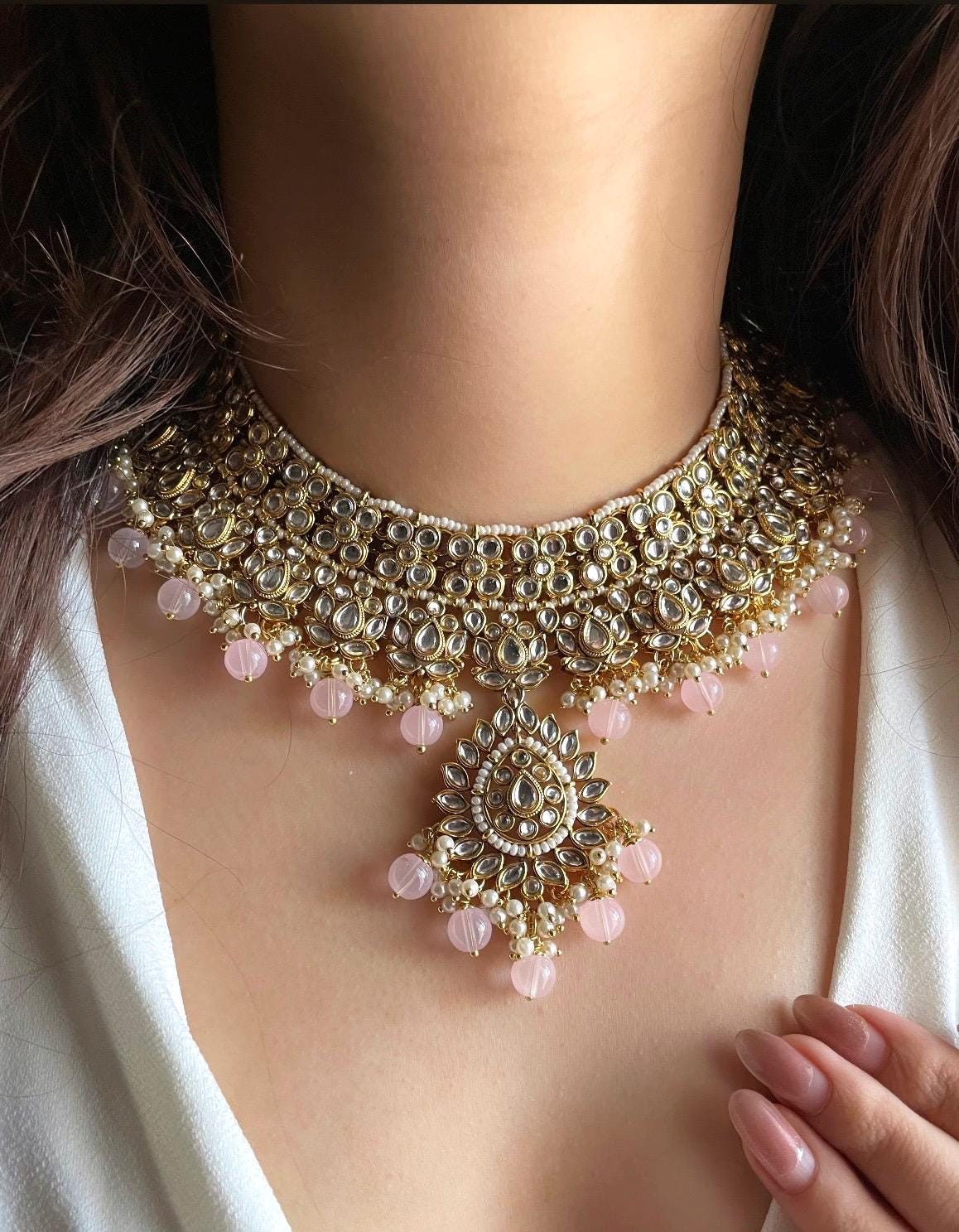 GHAZAL Light Pink necklace earrings maangtika wedding bridal jewellery pakistani nikaah bollywood jewelry punjabi indian jewelry set