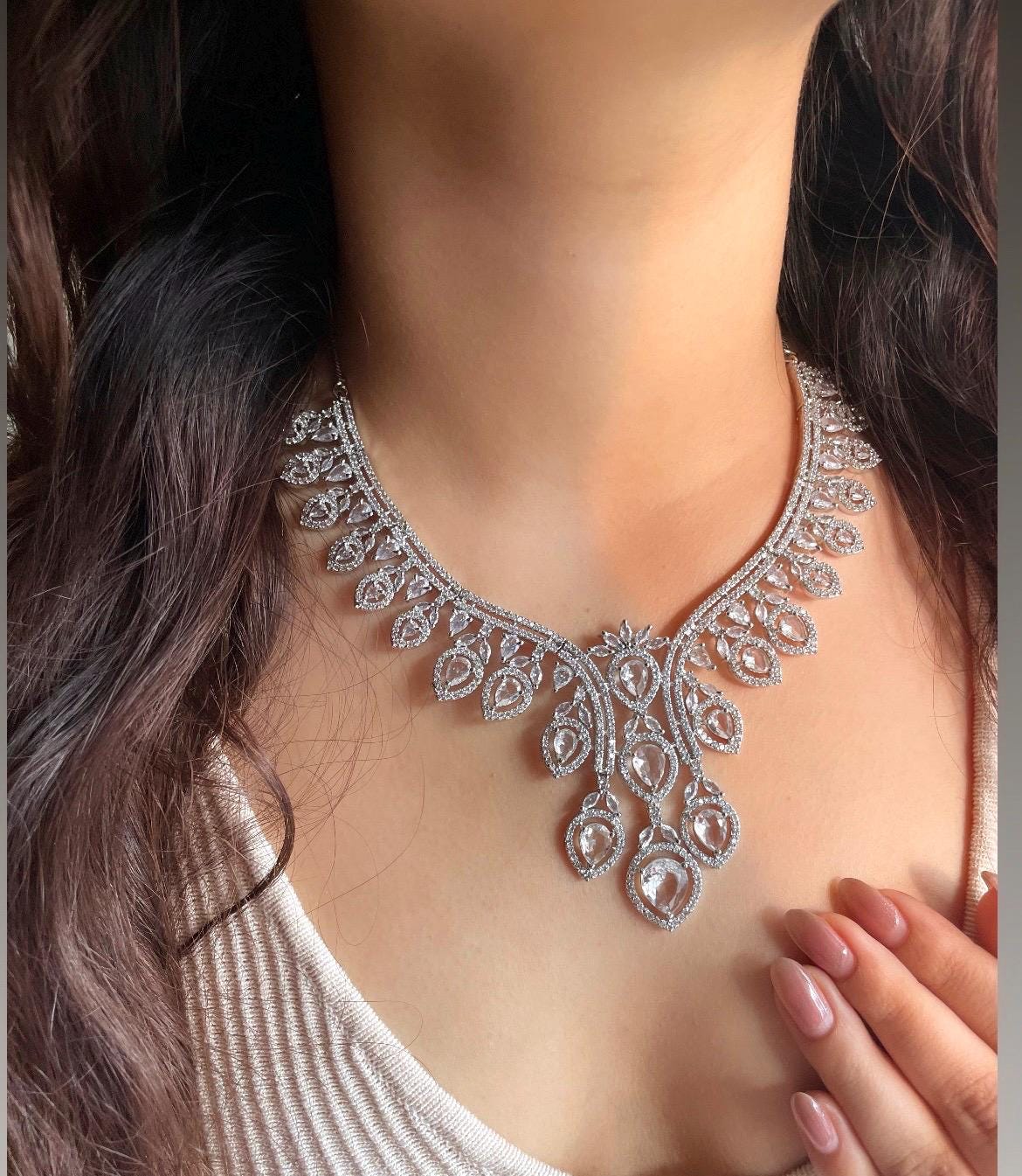 RIZA Light Pink American Diamond  necklace set Indian bridal wedding jewelry,, prom jewellery,zircon cz pakistani,costume jewelery