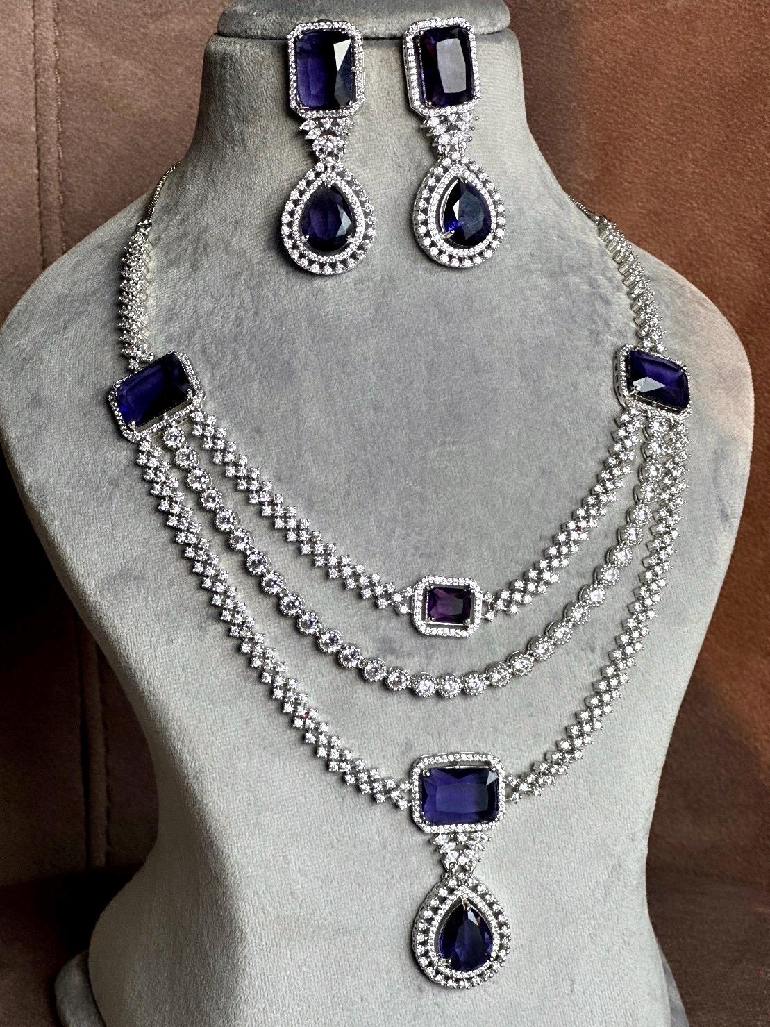 LEILA Multilayer lilac purple necklace earrings Statement American Diamond,Indian Jewelry Pakistani Wedding jewellery Cz Zircon,prom