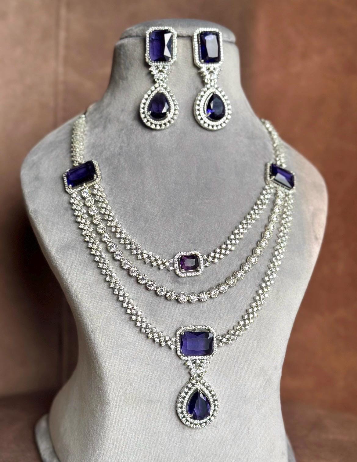 LEILA Multilayer lilac purple necklace earrings Statement American Diamond,Indian Jewelry Pakistani Wedding jewellery Cz Zircon,prom