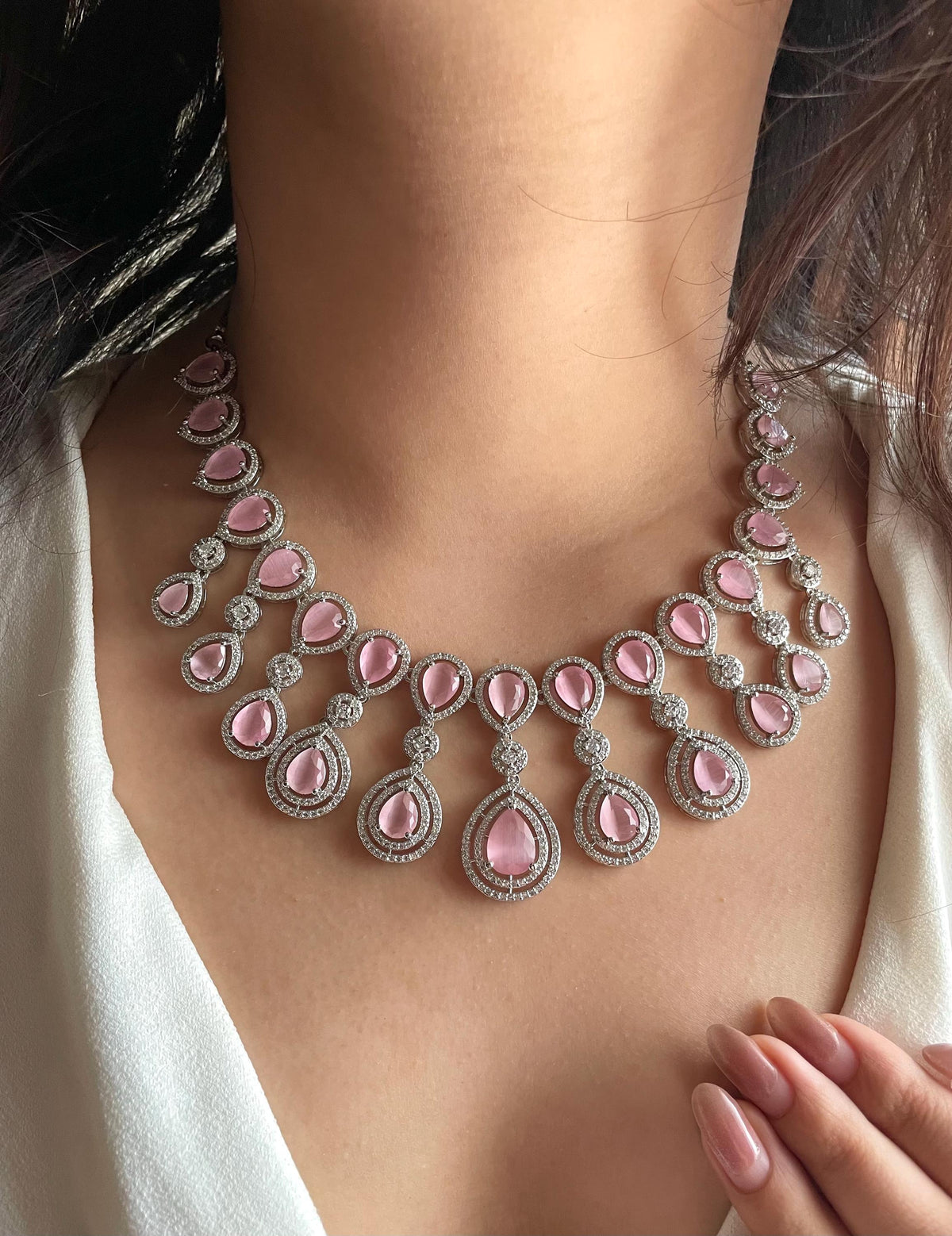 ZYVA Light Pink CZ Necklace American Diamond Necklace Indian Jewelry Indian Necklace Pakistani Jewelry Necklace Set Bollywood