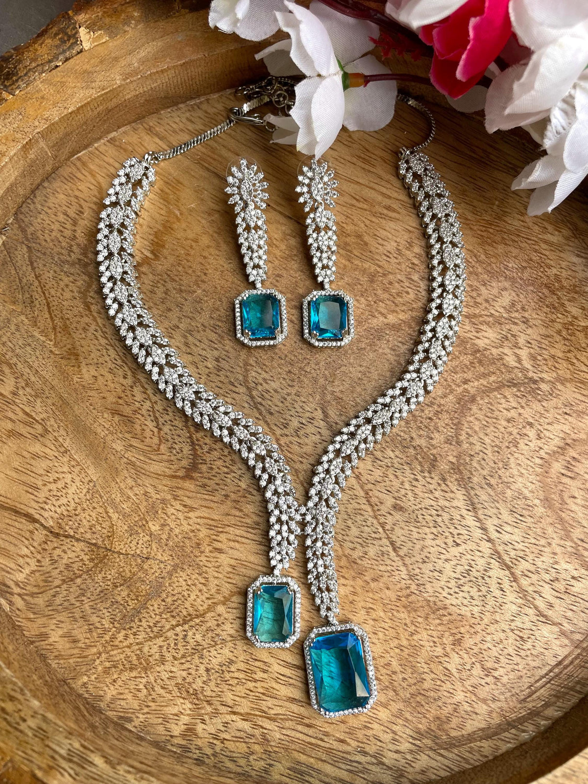 HANNAH Stylish Aqua blue necklace Set in American Diamond Classy high quality cz zircon jewelry, prom,gala dinner bridal jewellery