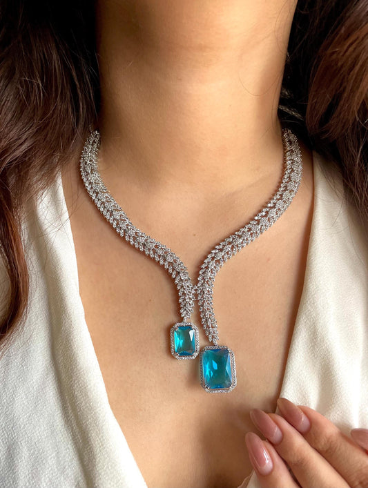 HANNAH Stylish Aqua blue necklace Set in American Diamond Classy high quality cz zircon jewelry, prom,gala dinner bridal jewellery