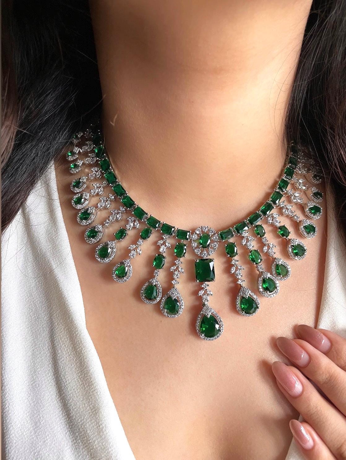 MALLIKA Green American Diamond High Quality necklace set,emerald green zircon bridal wedding jewelry,maangtika included