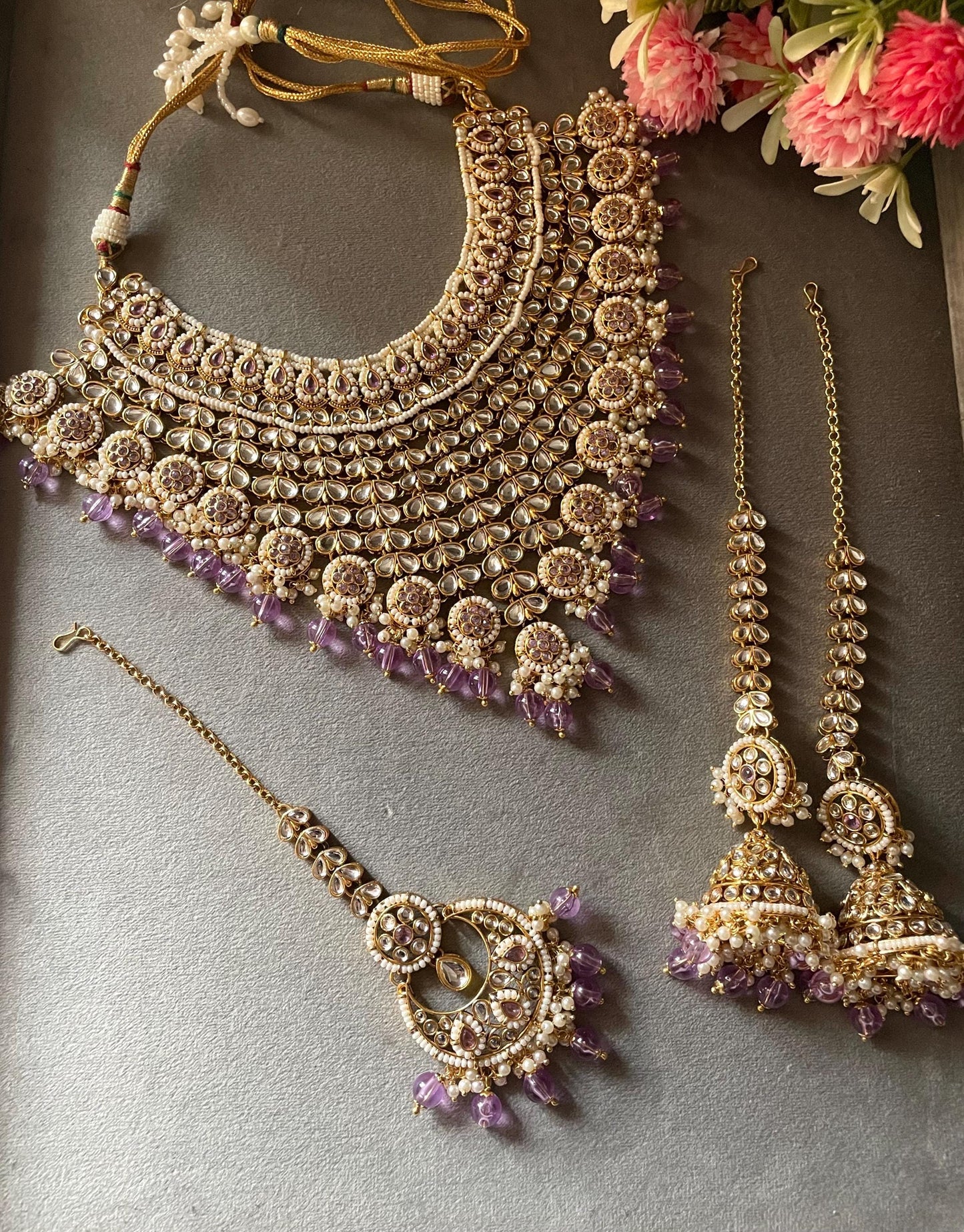 SALOMI Lavender purple Bridal Kundan Choker necklace jhumka maangtika,Punjabi Jewellery, Indian wedding kundan jewelery pakistani jewelry