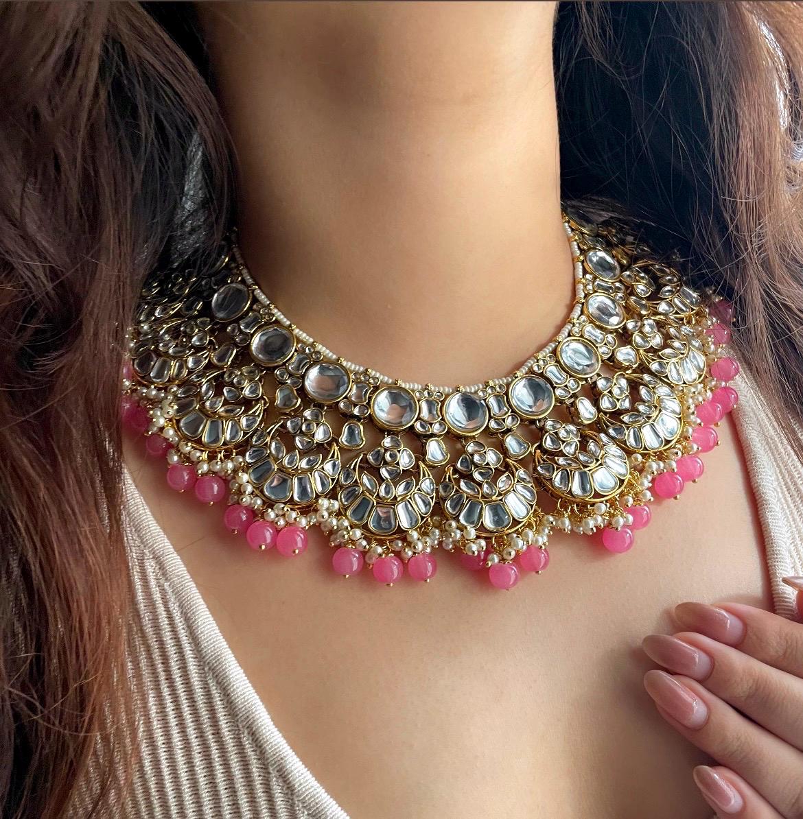 SIDAK Pink Kundan bridal jewellery necklace earrings maangtika,Punjabi Jewellery, Indian Kundan Set, cz zircon, Pakistani nikaah Jewelry
