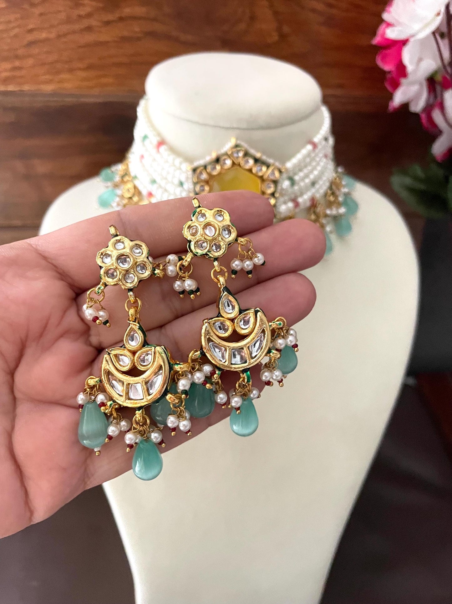 SIFAT Yellow blue Kundan choker set ,fusion jewelry, indian bollywood costume jewellery pakistani nikaah, bridal wedding necklace set