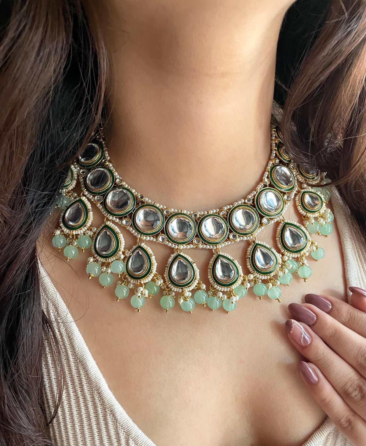 ISHANI Mint Kundan necklace earrings maangtika,Punjabi Jewellery, Indian Kundan Bridal Necklace Set, cz zircon,Pakistani nikaah Jewelry